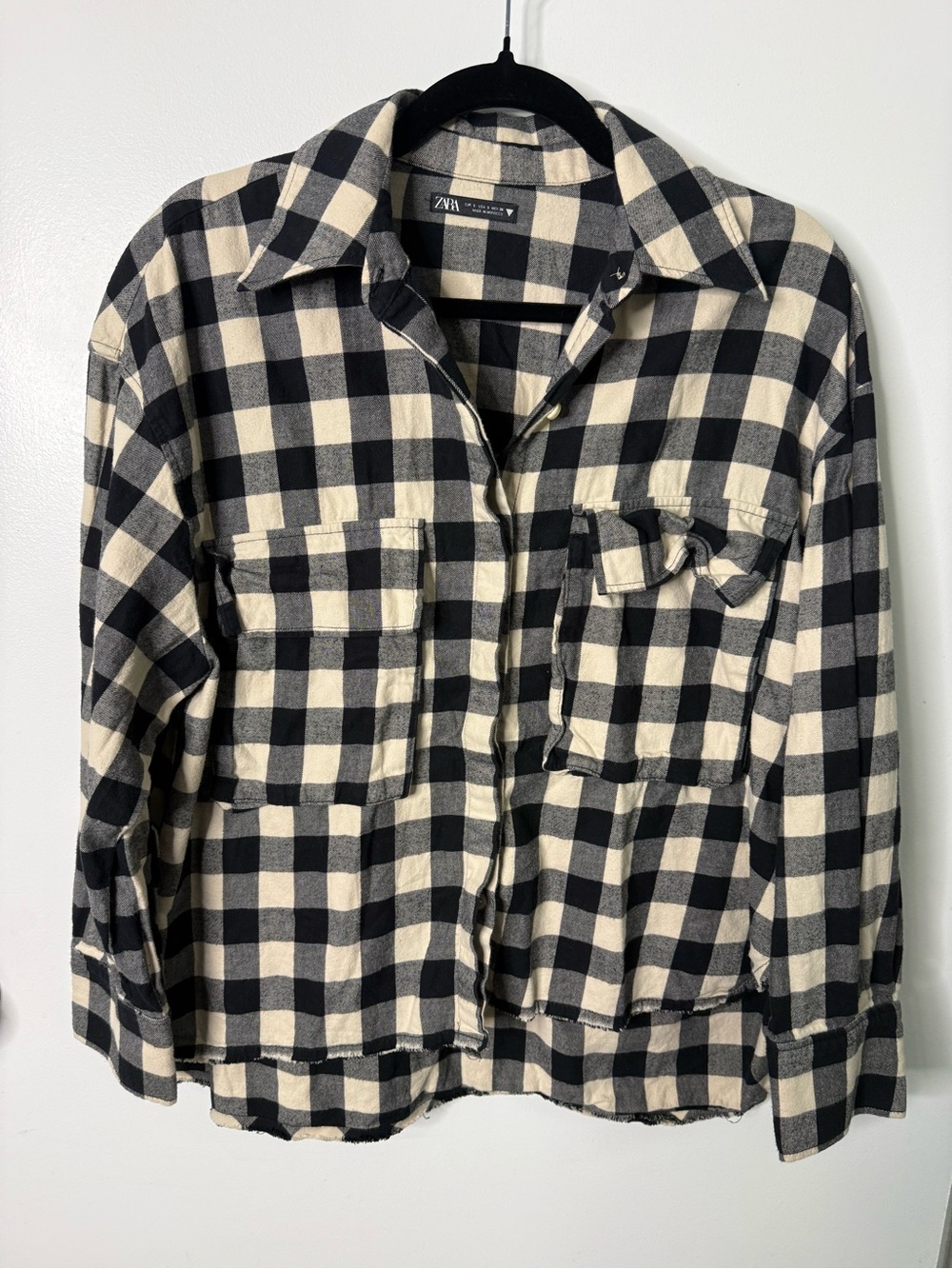 ZARA Buffalo Plaid Flannel Shirt Black Cream Oversized Utility Shacket